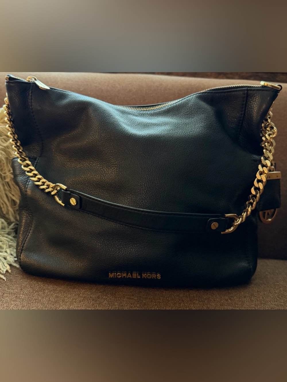Michael Kors Black Pebble Leather Shoulder Bag with Gold Chain Strap